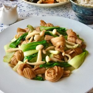 Stir-Fried Bok Choy with White Mushrooms & Yuba in Oyster Sauce